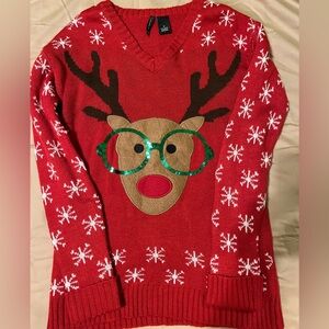 Red Reindeer Sweater with Green Glasses